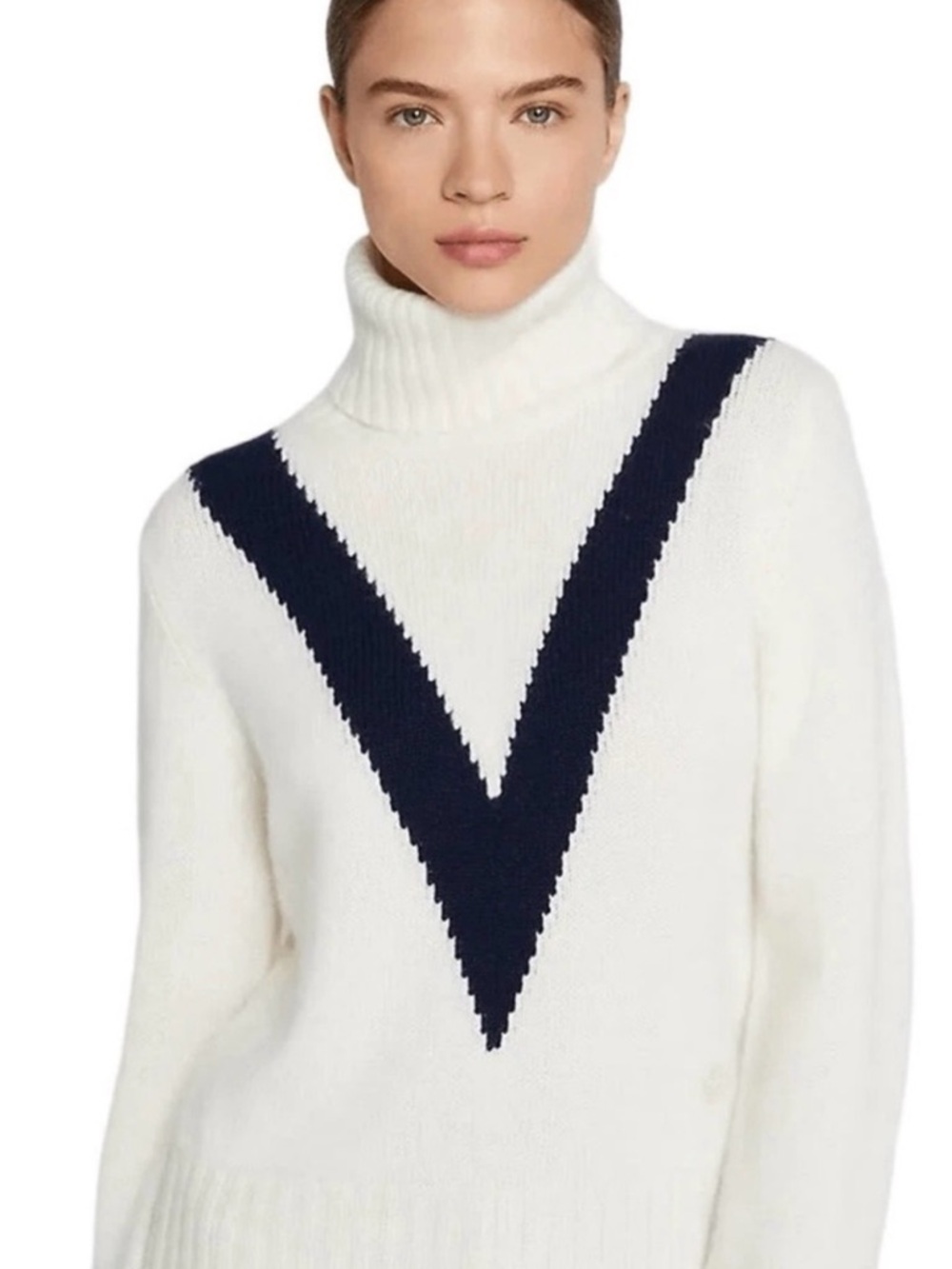 Tory Burch NWT Cashmere Chevron Classic Turtleneck Sweater - White/Navy